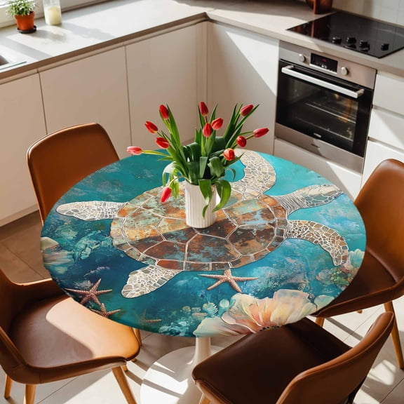 Round Fitted Tablecloth with Elastic Edge, Ocean Submarine Coral Turtle Starfish Fitted Table Cloth for Round Tables, Undersea Creatures Waterproof Tablecloth for Outdoor Picnic Party 36-44in