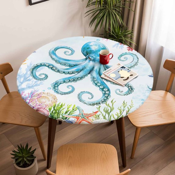 Round Fitted Tablecloth with Elastic Edge, Octopus Ocean Coral Starfish Fitted Table Cloth for Round Tables, Sea Monster Underwater World Waterproof Tablecloth for Outdoor Picnic Party 45-54in