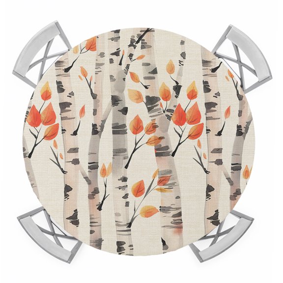 Round Fitted Tablecloth with Elastic Edge, Orange Botanical Waterproof Table Cloth Table Cover for 45"-54" Tables, Watercolor Tree Black Modern Retro Tablecloths for Dining Picnic Party Outdoor
