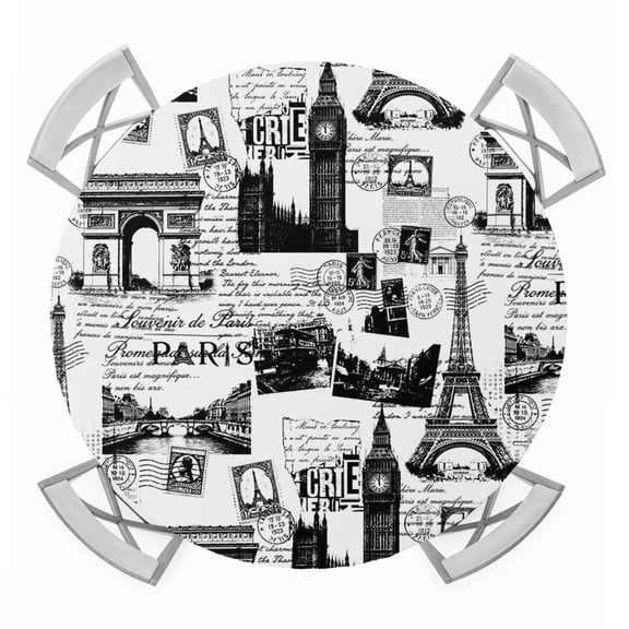 Round Fitted Tablecloth with Elastic Edge, Paris Tower Waterproof Table Cloth Table Cover for 55"-60" Tables, Vintage Architectural Hand-Painted Aesthetic Tablecloths for Dining Picnic Party Outdoor
