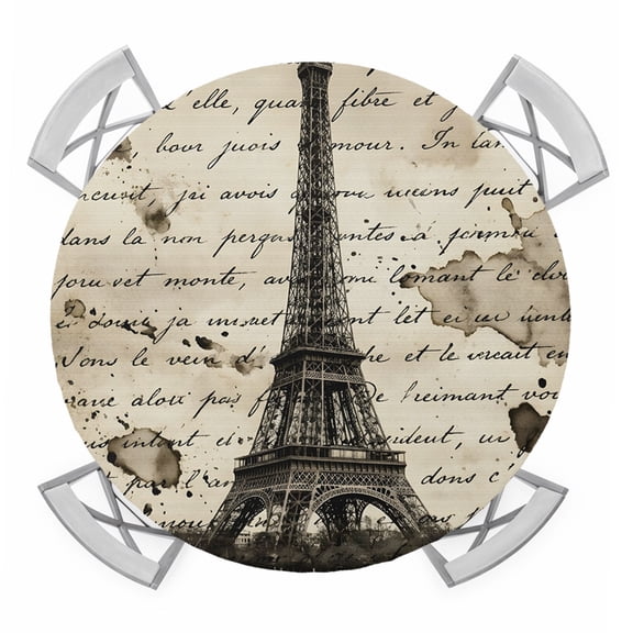 Round Fitted Tablecloth with Elastic Edge, Paris Tower Waterproof Table Cloth Table Cover for 55"-60" Tables, Vintage Words Beige Grey Tablecloths for Dining Picnic Party Outdoor