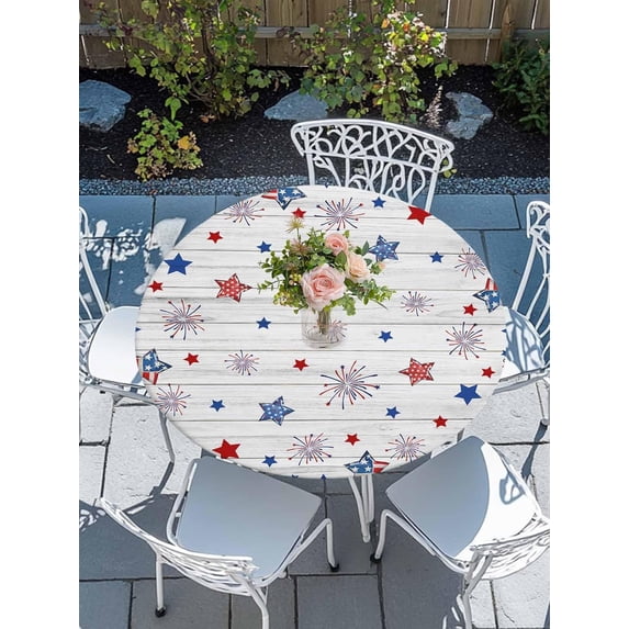 Round Fitted Tablecloth with Elastic Edge Patriotic Star on Wood Board Table Cloth for 45"-52" Circle Tables,Waterproof Oil-Proof Table Cover for Outdoor Picnic Party Events,Independence Day USA Flag