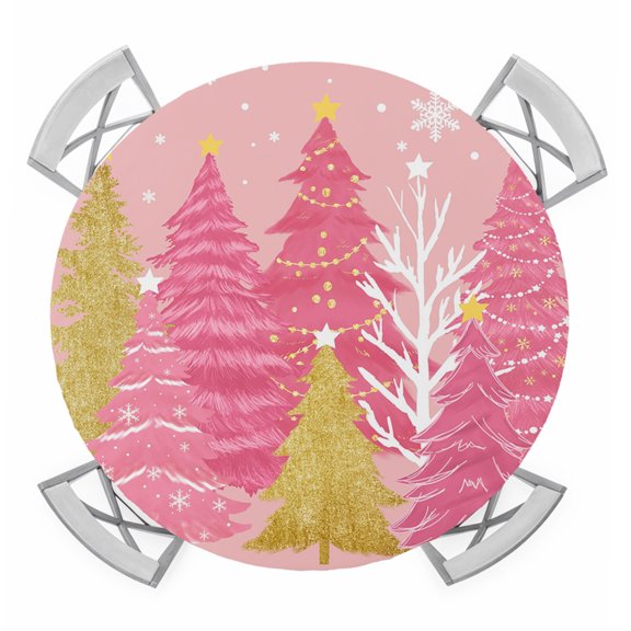 Round Fitted Tablecloth with Elastic Edge, Pink Christmas Tree Waterproof Table Cloth Table Cover for 36"-44" Tables, Pink Golden Xmas Tree Snowflake Winter Tablecloths for Dining Party Outdoor