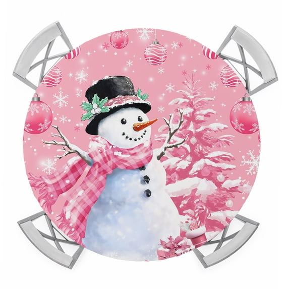 Round Fitted Tablecloth with Elastic Edge, Pink Christmas Waterproof Table Cloth Table Cover for 45"-54" Tables, Snowman Xmas Tree Ball Gifts Winter Tablecloths for Dining Picnic Party Outdoor