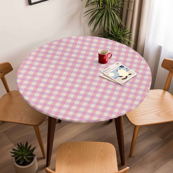 Round Fitted Tablecloth with Elastic Edge, Pink Gingham on Linen Fitted Table Cloth for Round Tables, Modern Plaid Lattice Waterproof Tablecloth for Outdoor Picnic Party 45-54in