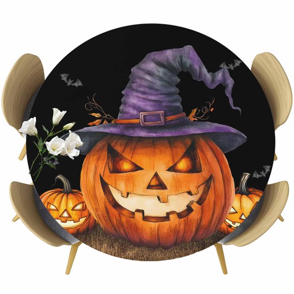 Round Fitted Tablecloth with Elastic Edge Pumpkin Monster Waterproof Oil-Proof Wipeable Tablecloth Decorative Table Cover for Indoor/Outdoor, Fit 36"-44" Round Table, Witch Hat Bat Black