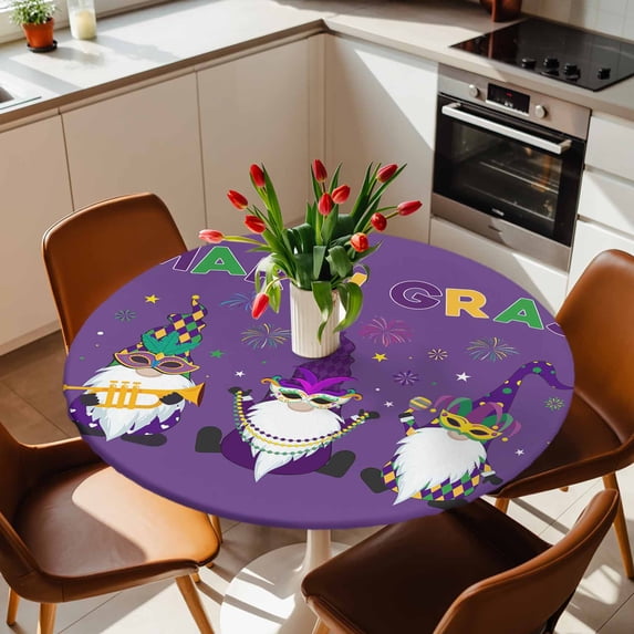 Round Fitted Tablecloth with Elastic Edge, Purple Carnival Cute Gnomes Fitted Table Cloth for Round Tables, Mardi Gras Waterproof Tablecloth for Outdoor Picnic Party 36-44in