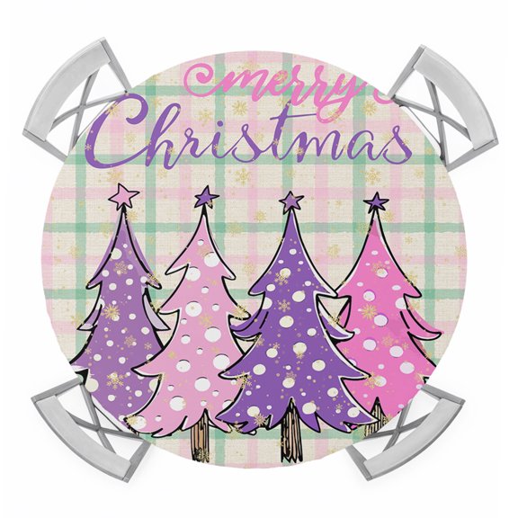 Round Fitted Tablecloth with Elastic Edge, Purple Pink Christmas Tree Waterproof Table Cloth Table Cover for 55"-60" Tables, Xmas Snowflake Plaid Rustic Tablecloths for Dining Picnic Party Outdoor