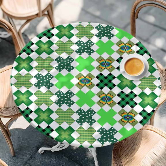 Round Fitted Tablecloth with Elastic Edge, Rainbow Shamrock Check Polka Dot Waterproof Oil-Proof Table Cover, St. Patrick's Day Green Theme Circle Table Cloth for Indoor Outdoor Picnic Party 36"x44"
