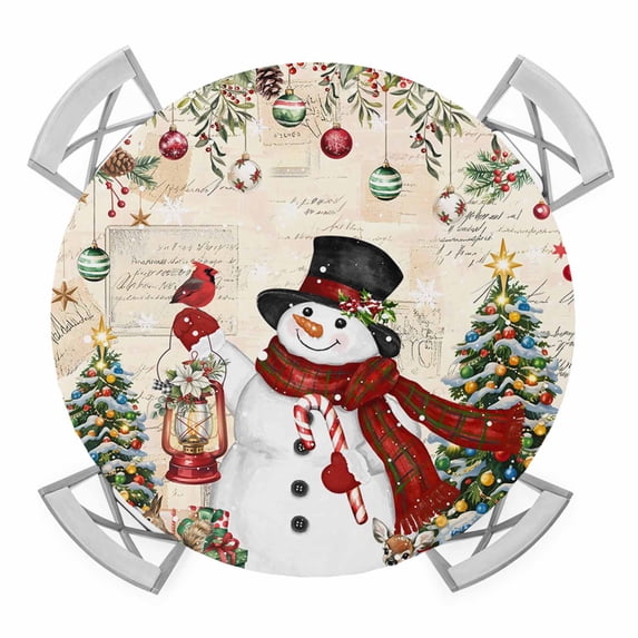 Round Fitted Tablecloth with Elastic Edge, Red Beige Christmas Waterproof Table Cloth Table Cover for 36"-44" Tables, Snowman Xmas Tree Ball Snowflake Winter Tablecloths for Dining Party Outdoor