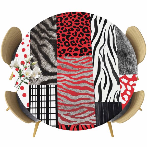 Round Fitted Tablecloth with Elastic Edge, Red Black Animal Print Patterns Fitted Table Cloth for Round Tables, Zebra Leopard Plaid Fur Waterproof Tablecloth for Outdoor Picnic Party 55-60in