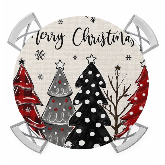 Round Fitted Tablecloth with Elastic Edge, Red Black Christmas Tree Waterproof Table Cloth Table Cover for 45"-54" Tables, Xmas Tree Snowflake Rustic Tablecloths for Dining Picnic Party Outdoor