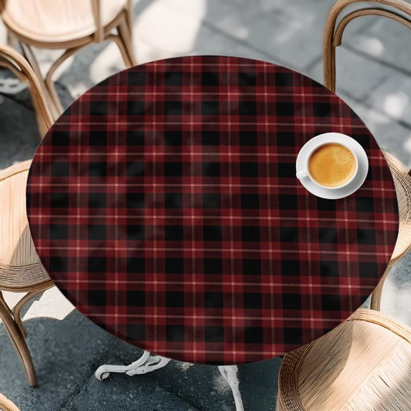 Round Fitted Tablecloth with Elastic Edge, Red Black Classic Check Waterproof Oil-Proof Table Cover, Minimalist Grids Circle Table Cloth for Indoor Outdoor Picnic Party 36"x44"