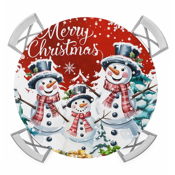 Round Fitted Tablecloth with Elastic Edge, Red Christmas Waterproof Table Cloth Table Cover for 45"-54" Tables, Winter Snowman Xmas Pine Tree Snowflakes Tablecloths for Dining Picnic Party Outdoor