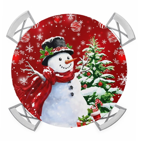 Round Fitted Tablecloth with Elastic Edge, Red Christmas Waterproof Table Cloth Table Cover for 55"-60" Tables, Snowman Xmas Tree Ball Gifts Winter Tablecloths for Dining Picnic Party Outdoor