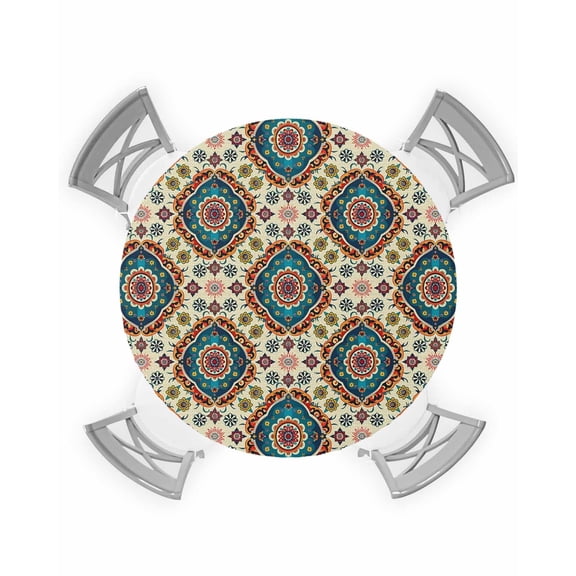 Round Fitted Tablecloth with Elastic Edge, Red Dark Cyan Baroque National Floral Print Waterproof Oil-Proof Wipeable Tablecloth Table Cover Decor for Indoor/Outdoor, Fit 36" - 44" Round Table