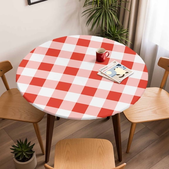 Round Fitted Tablecloth with Elastic Edge, Red Gingham Check Fitted Table Cloth for Round Tables, Gradient Buffalo Plaid Waterproof Tablecloth for Outdoor Picnic Party 45-54in