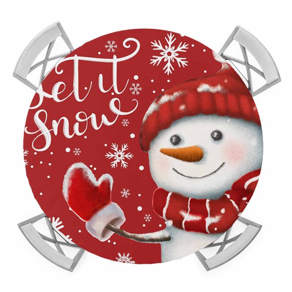 Round Fitted Tablecloth with Elastic Edge, Red Snowman Christmas Waterproof Table Cloth Table Cover for 36"-44" Tables, Xmas Winter Snowflake Let Snow Tablecloths for Dining Picnic Party Outdoor