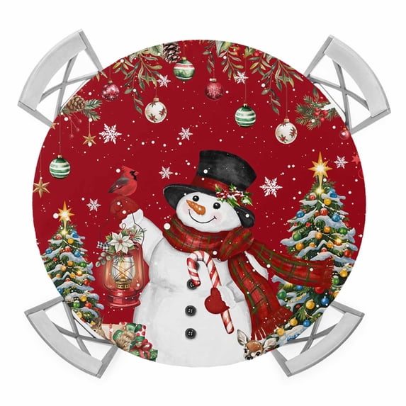 Round Fitted Tablecloth with Elastic Edge, Red Snowman Christmas Waterproof Table Cloth Table Cover for 55"-60" Tables, Xmas Tree Snowflake Ball Poinsettia Tablecloths for Dining Picnic Party Outdoor
