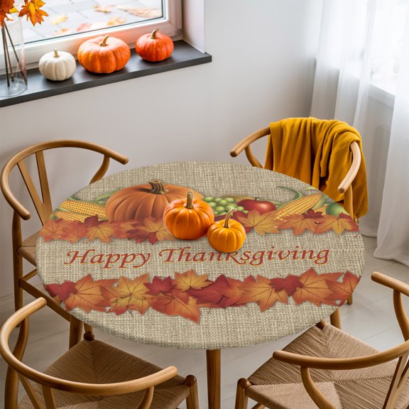 Round Fitted Tablecloth with Elastic Edge, Retro Autumn Pumpkin Corn Fitted Table Cloth for Round Tables, Maple Leaf on Linen Waterproof Tablecloth for Outdoor Picnic Party 36-44in