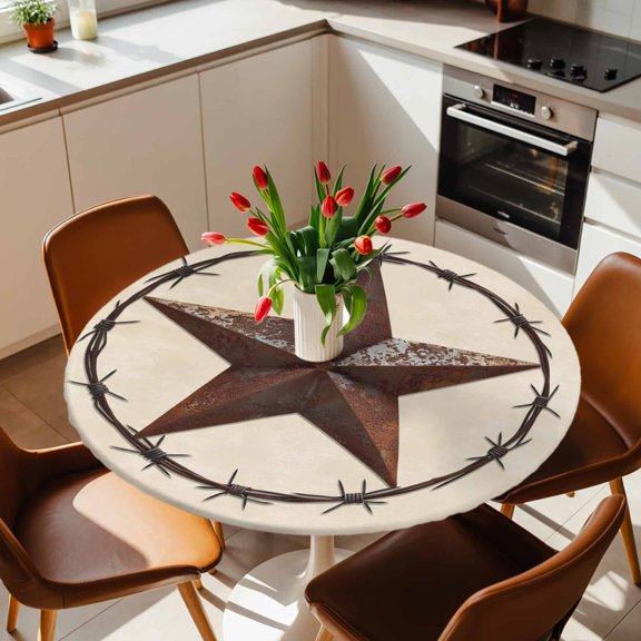 Round Fitted Tablecloth with Elastic Edge, Retro Country Western Stars Fitted Table Cloth for Round Tables, Pentagram on Linen Texture Waterproof Tablecloth for Outdoor Picnic Party 36-44in