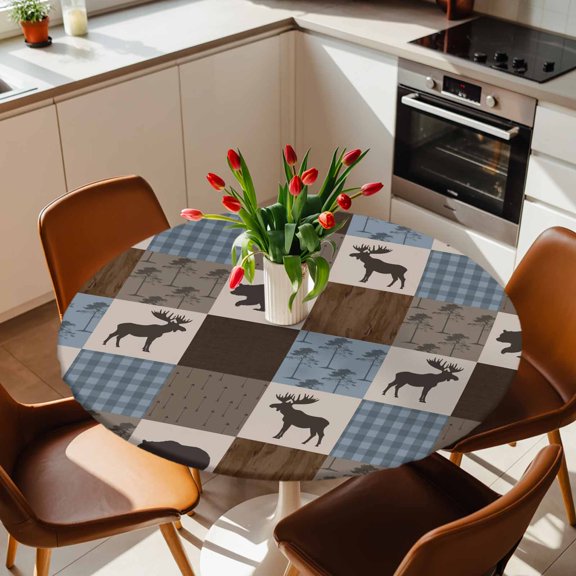 Round Fitted Tablecloth with Elastic Edge, Retro Deer Bear Plaid Check Fitted Table Cloth for Round Tables, Abstract Patchwork Pattern Waterproof Tablecloth for Outdoor Picnic Party 36-44in