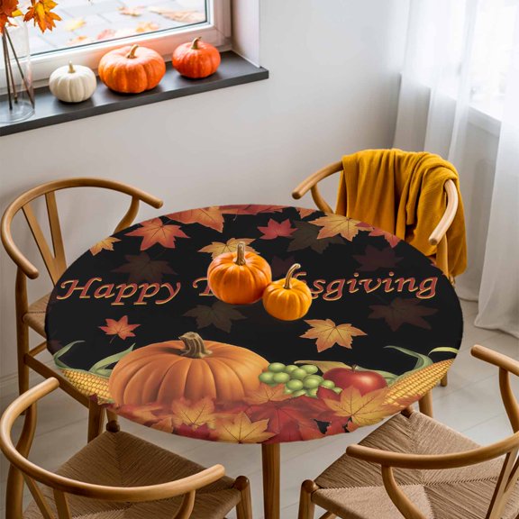 Round Fitted Tablecloth with Elastic Edge, Retro Farm Pumpkin Corn Fitted Table Cloth for Round Tables, Maple Leaf on Black Waterproof Tablecloth for Outdoor Picnic Party 55-60in