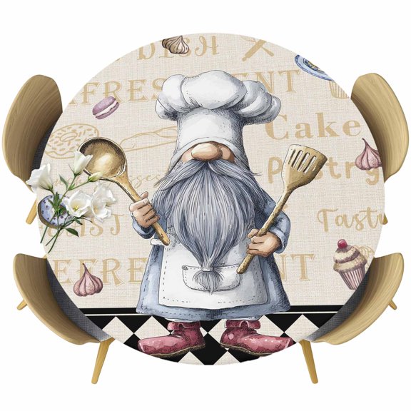 Round Fitted Tablecloth with Elastic Edge, Retro Funny Chef Gnome Cake Fitted Table Cloth for Round Tables, Black Red Checkered Plaid Waterproof Tablecloth for Outdoor Picnic Party 55-60in