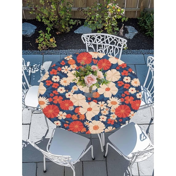 Round Fitted Tablecloth with Elastic Edge - Retro Patriotic Floral Table Cloth for 45"-52" Circle Tables,Waterproof Oil-Proof Table Cover for Outdoor Picnic Party Events, Independence Day Flowers