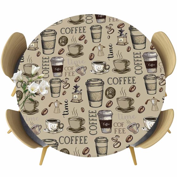 Round Fitted Tablecloth with Elastic Edge, Retro Sketch Coffee Set Bean with Quote Fitted Table Cloth for Round Tables, Aromatic Drink on Khaki Waterproof Tablecloth for Outdoor Picnic Party 55-60in