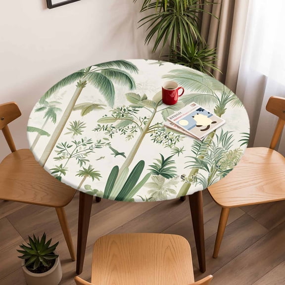 Round Fitted Tablecloth with Elastic Edge, Retro Tropical Forest Scene Fitted Table Cloth for Round Tables, Green Coconut Tree Bird Waterproof Tablecloth for Outdoor Picnic Party 45-54in