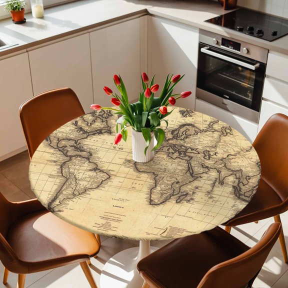 Round Fitted Tablecloth with Elastic Edge, Retro Yellow World Map North America Asia Fitted Table Cloth for Round Tables, Pacific Plate Waterproof Tablecloth for Outdoor Picnic Party 36-44in