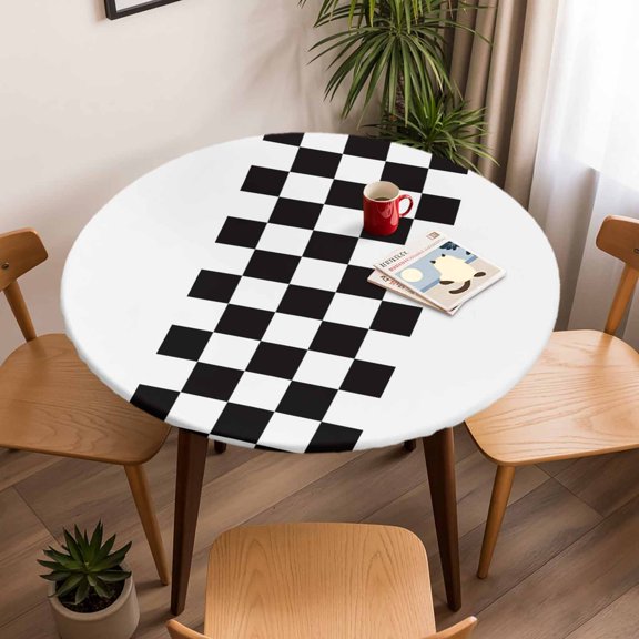 Round Fitted Tablecloth with Elastic Edge, Rural Black and White Buffalo Lattice Checked Fitted Table Cloth for Round Tables, Gingham Waterproof Tablecloth for Outdoor Picnic Party 45-54in