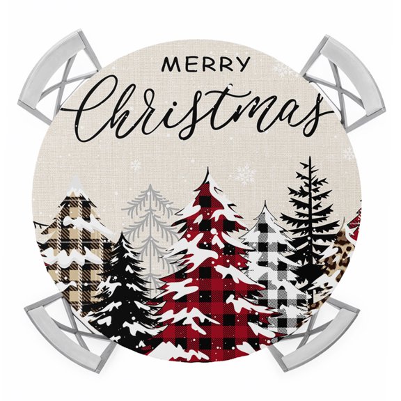 Round Fitted Tablecloth with Elastic Edge, Rustic Christmas Tree Waterproof Table Cloth Table Cover for 36"-44" Tables, Winter Xmas Tree Snowflake Tablecloths for Dining Picnic Party Outdoor