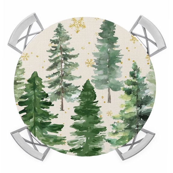 Round Fitted Tablecloth with Elastic Edge, Rustic Christmas Tree Waterproof Table Cloth Table Cover for 45"-54" Tables, Winter Watercolor Gold Snowflakes Tablecloths for Dining Picnic Party Outdoor