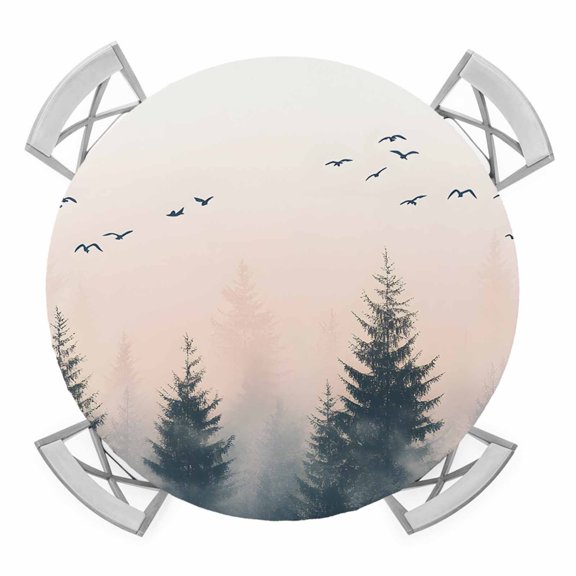 Round Fitted Tablecloth with Elastic Edge, Rustic Foggy Forest Waterproof Table Cloth Table Cover for 55"-60" Tables, Watercolor Trees Birds Landscape Tablecloths for Dining Picnic Party Outdoor