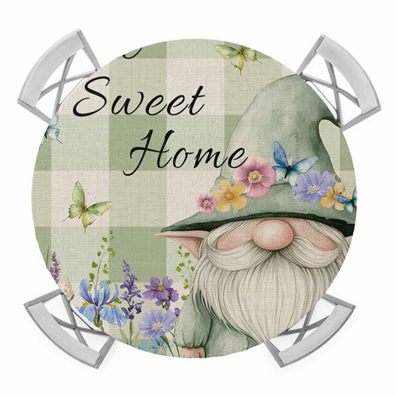 Round Fitted Tablecloth with Elastic Edge, Rustic Gnome Waterproof Table Cloth Table Cover for 36"-44" Tables, Spring Flowers Butterfly Green Check Tablecloths for Dining Picnic Party Outdoor