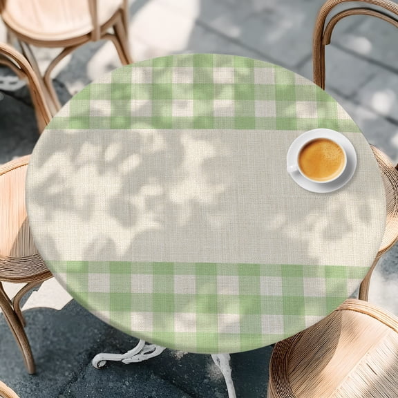 Round Fitted Tablecloth with Elastic Edge, Sage Green Buffalo Plaid Waterproof Oil-Proof Table Cover, Geometric Check Linen Texture Circle Table Cloth for Indoor Outdoor Picnic Party 36"x44"
