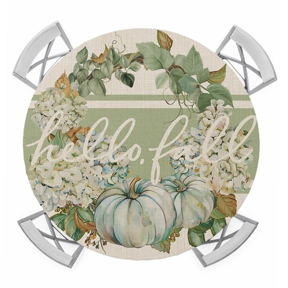 Round Fitted Tablecloth with Elastic Edge, Sage Green Fall Waterproof Table Cloth Table Cover for 45"-54" Tables, Pumpkins Wreath Rustic Thanksgiving Tablecloths for Dining Picnic Party Outdoor