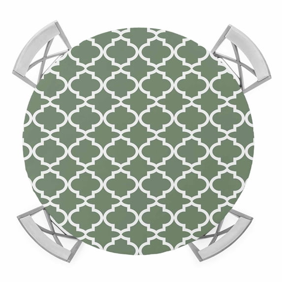 Round Fitted Tablecloth with Elastic Edge, Sage Green Morocco Waterproof Table Cloth Table Cover for 36"-44" Tables, Minimalist Boho Ethnic Abstract Motif Tablecloths for Dining Picnic Party Outdoor
