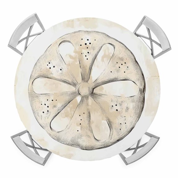 Round Fitted Tablecloth with Elastic Edge, Sand Dollar Coastal Waterproof Table Cloth Table Cover for 36"-44" Tables, Summer Beach Beige Ocean Tablecloths for Dining Picnic Party Outdoor