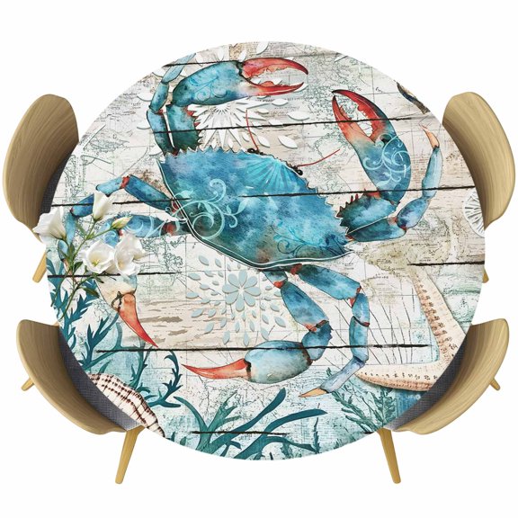 Round Fitted Tablecloth with Elastic Edge, Seaside Crab Starfish Shell Nautical Anchor Fitted Table Cloth for Round Tables, Farm Vintage Wood Board Waterproof Tablecloth for Outdoor Picnic 55-60in