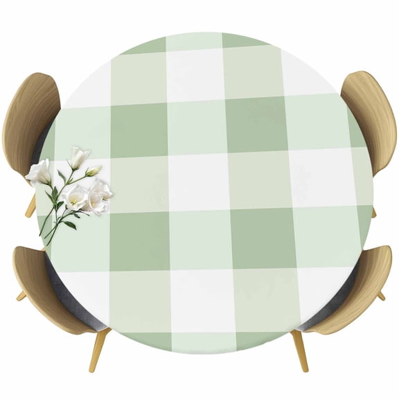 Round Fitted Tablecloth with Elastic Edge, Simple White Green Buffalo Plaid Fitted Table Cloth for Round Tables, Spring Checker Gingham Waterproof Tablecloth for Outdoor Picnic Party 55-60in