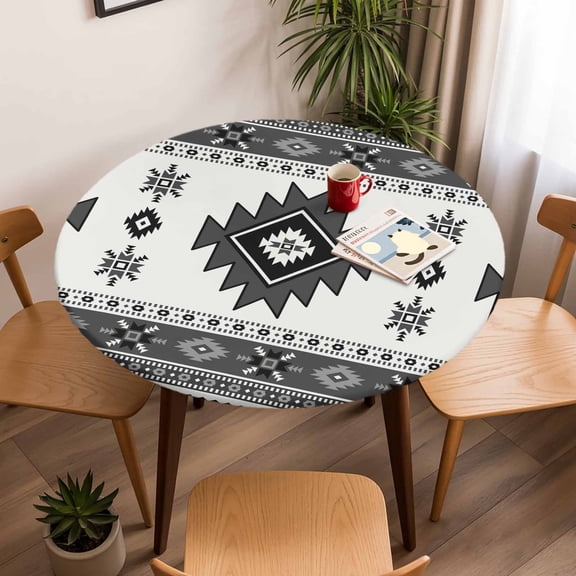 Round Fitted Tablecloth with Elastic Edge, Southwestern Aztec Vintage Geometric Fitted Table Cloth for Round Tables, Ethnic Tribal Gray Theme Waterproof Tablecloth for Outdoor Picnic Party 45-54in