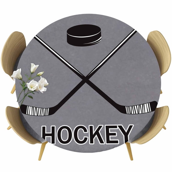 Round Fitted Tablecloth with Elastic Edge, Sports Hockey Black Art Fitted Table Cloth for Round Tables, Retro Gray Texture Waterproof Tablecloth for Outdoor Picnic Party 55-60in