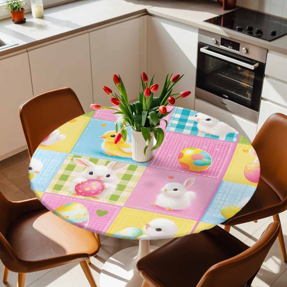 Round Fitted Tablecloth with Elastic Edge, Spring Easter Cute Chick Rabbit Fitted Table Cloth for Round Tables, Colorful Egg Stitched Grid Waterproof Tablecloth for Outdoor Picnic Party 36-44in