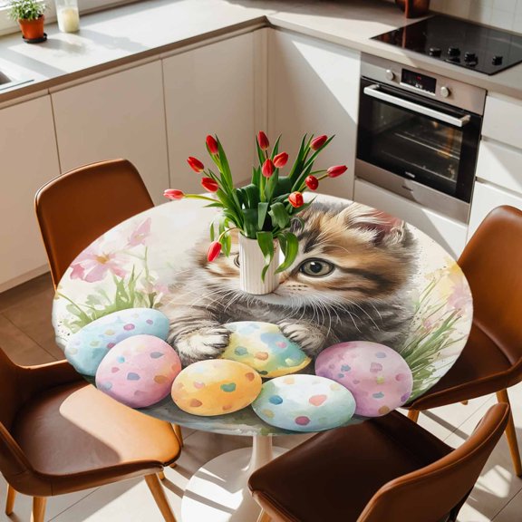 Round Fitted Tablecloth with Elastic Edge, Spring Easter Eggs Cute Cat Fitted Table Cloth for Round Tables, Cartoon Style Kitty Waterproof Tablecloth for Outdoor Picnic Party 36-44in
