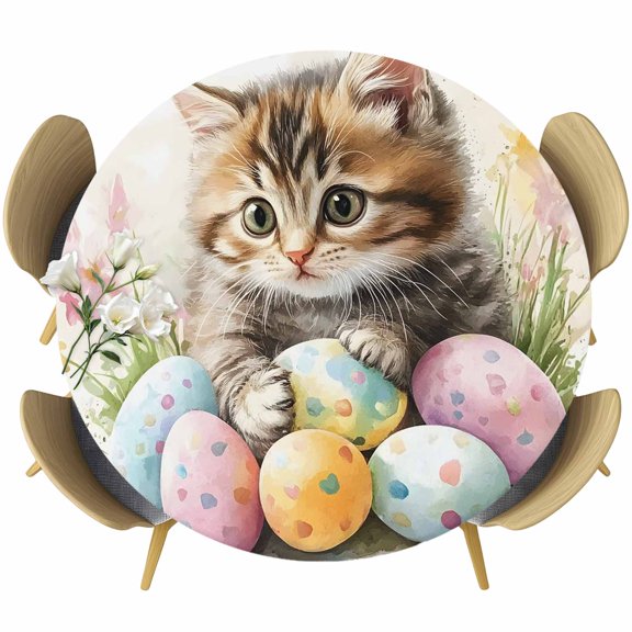 Round Fitted Tablecloth with Elastic Edge, Spring Easter Eggs Cute Cat Fitted Table Cloth for Round Tables, Cartoon Style Kitty Waterproof Tablecloth for Outdoor Picnic Party 55-60in