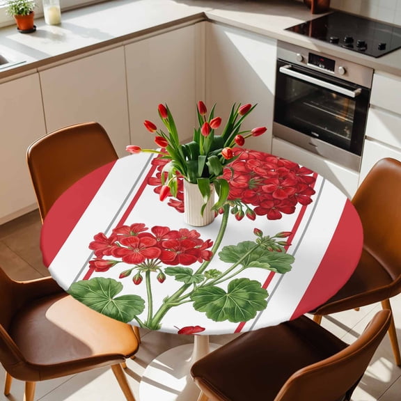 Round Fitted Tablecloth with Elastic Edge, Spring Summer Flowers Geranium Fitted Table Cloth for Round Tables, Red Geometric Striped Waterproof Tablecloth for Outdoor Picnic Party 36-44in
