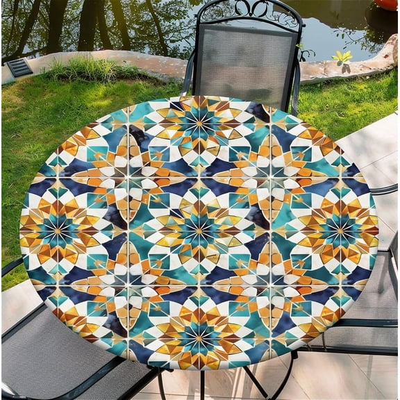 Round Fitted Tablecloth with Elastic Edge, Stain Resistant Waterproof Fabric Table Cover for 37"-44" Round Table, Indoor Outdoor Dining, Kitchen Decor, Camping, Holiday, Party, Mosaic Boho